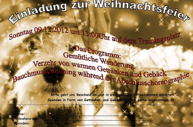 Einladung zur Weihnachtsfeier am 09.12.2012 um 13 Uhr auf dem Trainingsplatz der Hundeschule Leinenlos